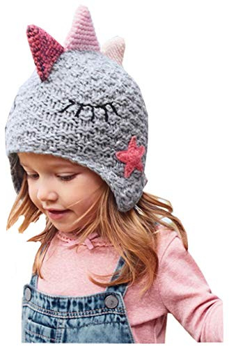 Moonlove Baby Kids Lovely Cartoon Knitted Dinosaur Hat for Baby Boys Girls Toddler Winter Knit Beanie Ear Protection Dual Layer Warm Hat for Children 1-5 Years Old Christmas Birthday Gift Grey