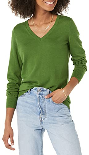 Amazon Essentials Women's Regular-Fit Lightweight Long-Sleeve V-Neck Sweater, Green, X-Large