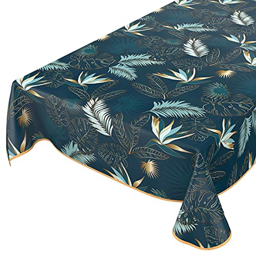 ANRO Bordsduk, avtorkningsbar vaxduk, vaxad bordsduk, blad guld blå, 100 x 140 cm med invikt fåll
