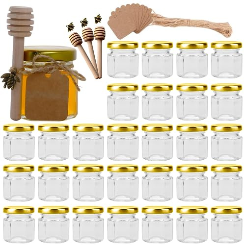 Woaiwo-q 30 Pack 1.5 oz Mini Honey Jars,Hexagon Mini Glass Honey Jars with Gold Lids,Small honey Jar with dipper for Party Favors, Wedding Favors,Jams