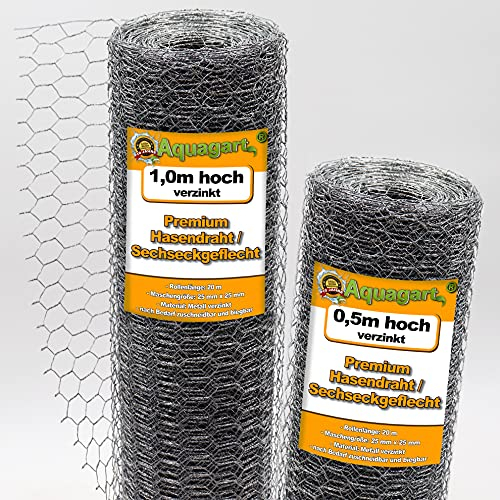 Aquagart Nätstängsel sexkantigt nät förzinkat I hönsstaket, kaninnät, finmaskigt 25 mm x 25 mm I 6 hörn, trådnät 0,9 mm I-kanintråd (förzinkad 50 cm, 100 m)