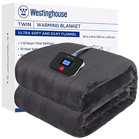 Westinghouse Electric Blanket Twin Size, Super Cozy Soft Flannel 62 x 84 Heated Blanket with 10 Fast Heating Levels & 1-12 Auto-Off, Machine Washable, ETL&FCC Certification, Charcoal