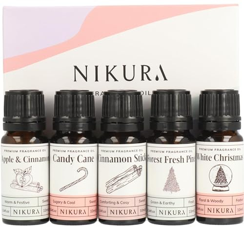 Nikura Christmas Fragrance Oil Gift Set - 5 x 10ml | Perfect for Diffusers for Home, Soap & Candle Making, Wax Melts, Burners | for use in Bath Bombs, Perfume Scents | Vegan & UK Made Essential Oils