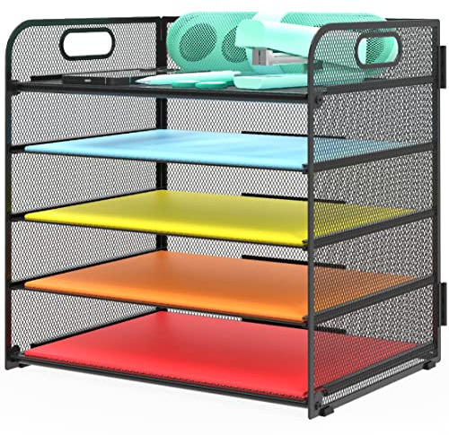 Letter Tray Paper Organizer 5-Tier Desk Organizer File Organizer Paper Holder with Handle, Metal Desktop Document Shelf Tray Office Classroom Organization - Black
