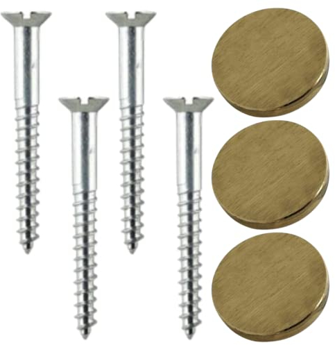 Mirror Screw 38mm & Brushed Brass Flat Screw Caps 19 mm Mirror Screws with Decorative Cap Covers Mirror Screws Fitting Set for Mirror Tables Bath Plates Wardrobes Glass Signs Pack of 4.