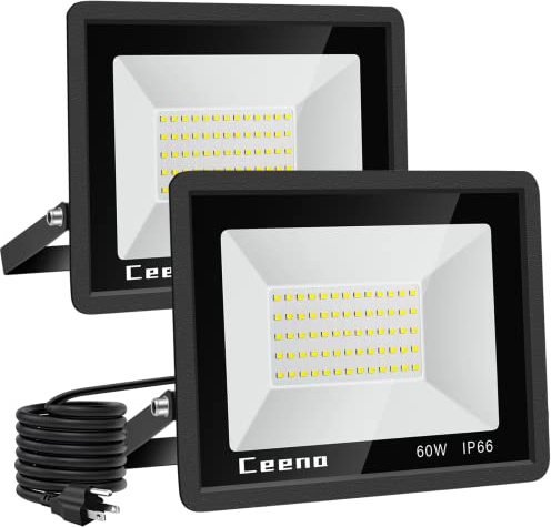 Ceena 2 Pack 60W Plug in LED Flood Light Outdoor, 6000lm Super Bright Floodlight with Switch and 5.9FT Wire, IP66 Waterproof 6000K LED Work Light for Garage, Yard, Patio, Front Door
