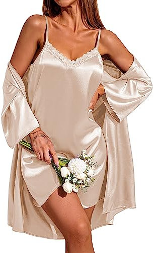 Ekouaer Nachthemd Damen Sommer Nachtkleid Kurz Zweiteiliger Sleepshirt Babydoll Morgenmantel Champagne S