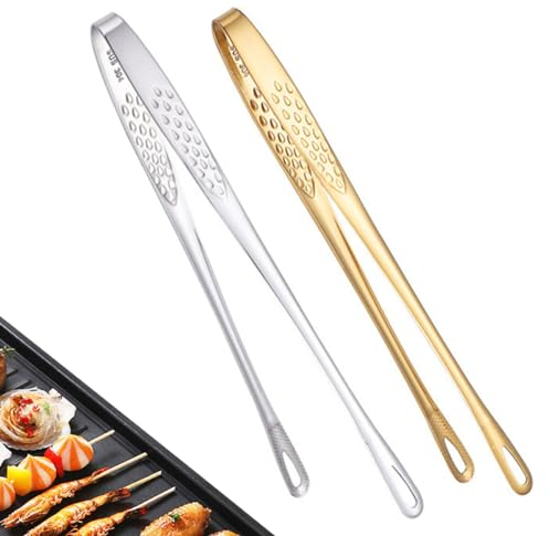 SamHeng Edelstahl Küchenzange, 2 Stück Multifunktion Servierzange Buffetzange Grillzange, 9 Zoll Metall Fleischpinzette Zuckerzangen Kochzange für Brot Salat Barbecue Fleisch Braten (Gold+Silber)