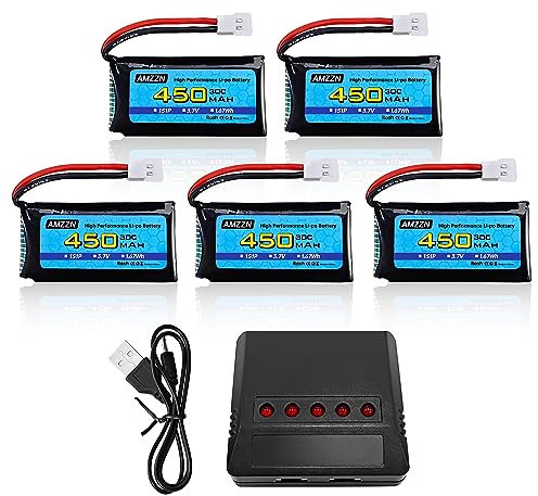 AMZZN 5PCS 3.7V 450mAh 25C Molex Plug Lipo Battery With 5-in-1 Charger Compatible With Most Aircraft Models And Mini Drones, WLtoys XK A100 A120 A150 Hubsan H107C H107D RC UAV Quadcopter Battery