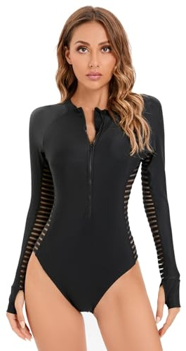 Odizli Swimming Costume Women Long Sleeve Zipper Zip Up One Piece Swimsuit Ladies Muslim Full Body Burkini Modest Swimwear Rash Guard Neoprene Bathing Suits Wet Surf Wetsuit Black Hollow Out XL