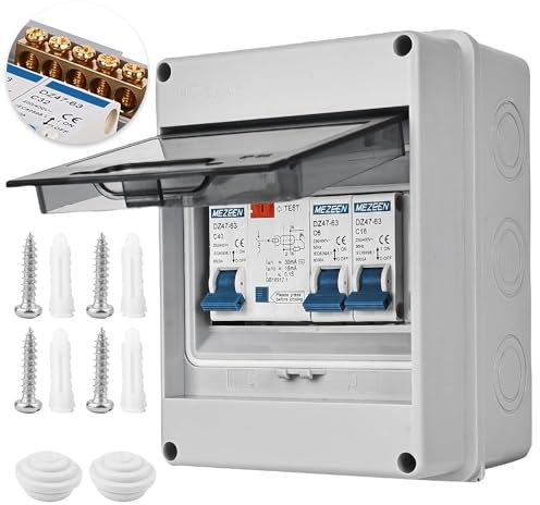 SPORWAY 2 Way Consumer Unit Circuit Breaker: Garage Consumer Unit Circuit Breaker Panel, IP65 Anti-Leakage Fuse Box for Garages Caravans Workshops 40A 30mA RCD 6A+16A (2 WAY)