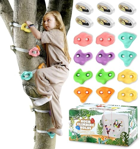 TOPENEW Set Prese Arrampicata su Alberi per Bambini 12 Prese Arrampicata Bambini 6 Cinghie a Cricchetto Grandi Prese per Arrampicata per Percorso Ostacoli/Casetta sull'Albero(Colori Pastello Macaron)