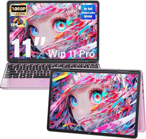 Fsjun 11-Zoll-Pink 2-in-1 Touchscreen-Laptop, N100(Beat N95 N5095), 16GB RAM, 1TB SSD, FHD IPS, Hintergrundbeleucht Tastatur,Wi-Fi, Type-C, HDMI,Leicht, tragbar (Rotgold, 16+512G)