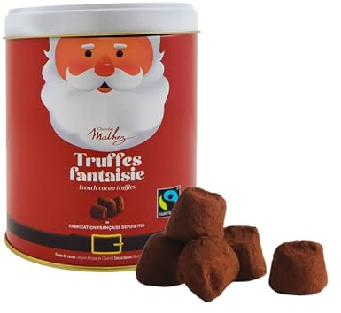 Chocolat Mathez - Truffes au chocolat noir Santa – Boite chocolat de Noël à offrir en forme de Père-Noël - Fabrication française – Boîte métal décorative à réutiliser - Idée cadeau