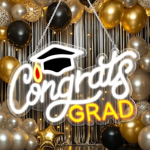 Congrats Grad Neon Sign with Mortarboard - 14.5 x 8.6, Adjustable LED Light Up Sign for Prom Party, Photo background wall, Class of Celebrations, Graduation Gift for Dorm Backdrop Room Decor