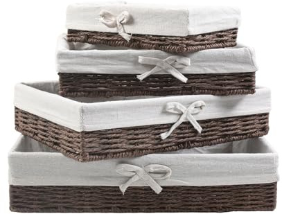 YedZen Set med 4 brödkorgar, flätade brödkorgar, 25/30/35/40 cm brödkorgar med bomullsinsats, bruna handvävda med brödkorgar, flätade brödkorgar, flätad förvaringskorg, brödkorgar