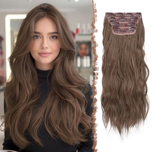 FESHFEN Extension Capelli a Clip - 4 pezzi Lunga Ricci Ondulati Sintetici Naturali Posticci Capelli Extension con Clip per Donna, 50 cm Marrone Dorato