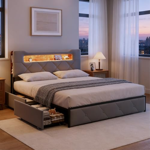 BRILVERDE Cama tapizada de 140 x 200 cm con cajón de almacenamiento, cama doble con LED/USB, cama juvenil con cabecero y somier, marco de cama para adultos, terciopelo (gris, 140 x 200 cm)