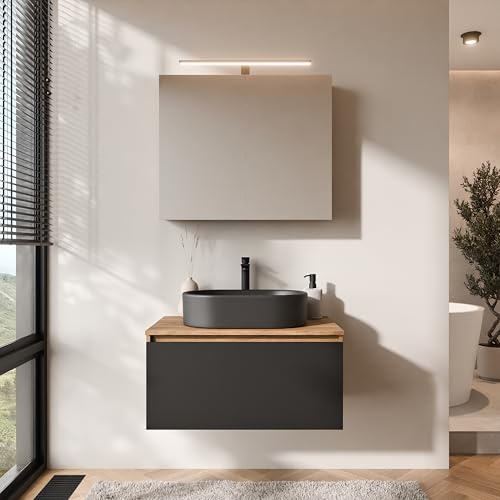 Planetmöbel Arisa Badmöbel Set Waschtisch mit Unterschrank 80 cm Gold Eiche schwarz mit ARIA Spiegelschrank, Waschbecken 55 cm schwarz, inkl. Raumsparsiphon