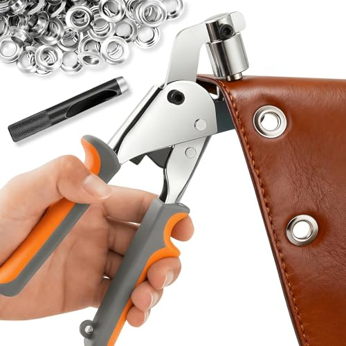 Set di Occhiellatrice (Ø 10mm), Pinze per Occhielli per Teloni e Tessuti, con 200 Occhielli, Pinze per Occhiellis Professionali Metallici per Pelle Telone Cartone PVC Tessuto e Tende da Sole