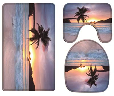 A.Monamour Badezimmer Badematte 3 Teilig Set Tropische Silhouette Palme Strand Bei Sonnenuntergang Buntem Himmel Natur Landschaft Bild Flanell Saugfähig Badteppiche Badvorleger Badgarnitur WC Vorleger