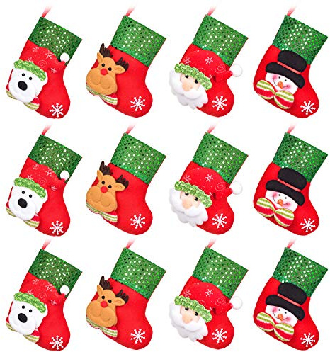 DearHouse12pcs Mini Christmas Stockings, 6 3D Xmas Stocking Christmas Tree Ornaments Decorations - Santa Claus Snowman Reindeer Gift Card Silverware Holders