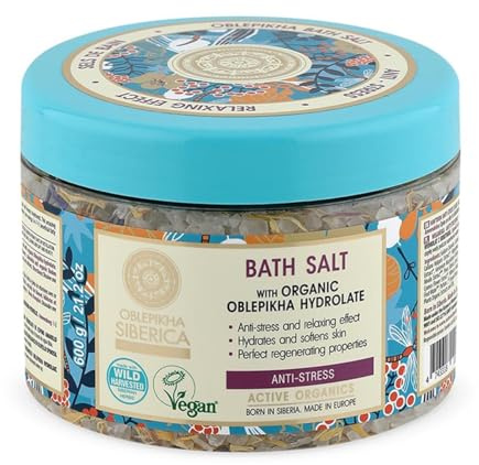 Natura Siberica Sal de baño con hidrolato de espino amarillo orgánico, Antiestrés 600 g