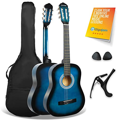 3rd Avenue Pack de guitarra clásica española de tamaño 3/4 para niños XF de 3rd Avenue, Guitarra acústica con cuerdas de nylon, funda de transporte, cejilla y púas, Azul