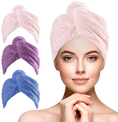 URAQT Haarturban Handtuch, 3 Stück Mikrofaser Turban Handtücher Schnelltrocknend Handtuch, Damen Haarturban Verdreht mit Knopf für Handtücher Frauen Mädchen Lange Lockiges Nasses Alle Haartypen(B)