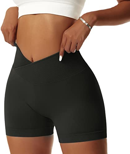 Vertvie Damen Gym Shorts V Cross Stretch Push Up Yoga Shorts Booty Scrunch Fitness Hosen Kurz High Waist Nahtlos Workout Sportshorts Butt Lift Kurze Leggings Sommer (Schwarz, S)