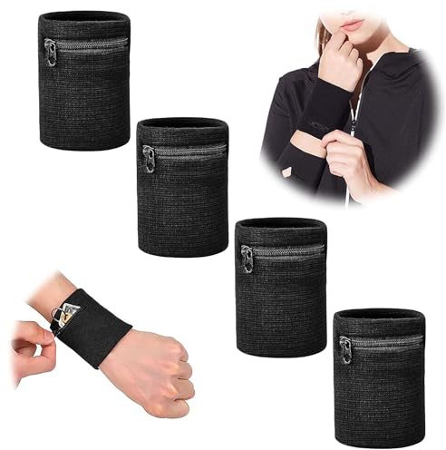 Schweißarmband mit Reißverschlusstasche Ltsbaed 4 Stück Schwarz Schweißbänder Handgelenk Sport Handgelenk Tasche Elastisch Sport Schweißband Wristbands für Münze Schlüssel Jogging Walking Laufen Sport