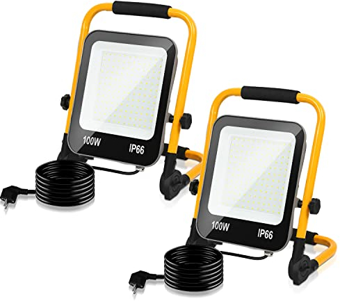 Sonnewelt Projecteur de chantier Led, 2x 100W Projecteur de chantier Lampe de travail 10000LM 6000K,Lampe de chantier Led avec câble 3M et support pliable,Lampe de chantier IP66 étanche,pour atelier