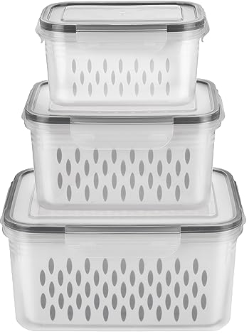 KOXXIAMOQ Scatola per la Conservazione di Frutta e Verdura, Set di 6/3 Pezzi di Contenitori a Tenuta con Coperchio, Portaoggetti del Frigorifero Contenitore Scatola con, 0,85L+1,75L+3,3L (grigio)