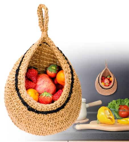 LAOJU Boho Kitchen Hanging Basket Teardrop Vegetable Fruits Storage with Hook Decorative Planter Jute Hanging Basket for Tomato Potato and Onion Organizing
