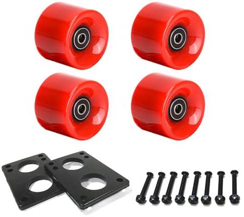 LOOEEL 60mm Cruiser Wheels 80A Contains ABEC-9 Bearings and Spacers,Skateboard Riser Pads,Skateboard Hardware Screws Bolts,fit for Your Cruiser Skateboards,Penny Board -Red