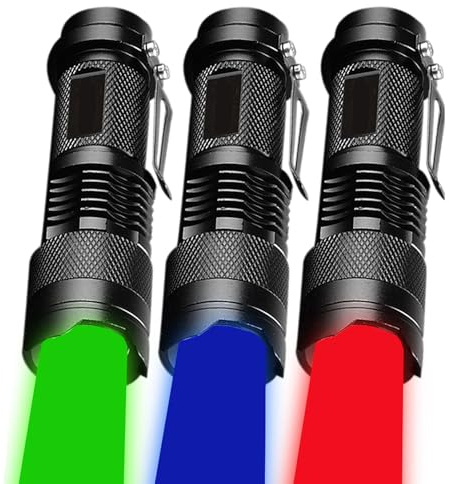 MVIOCS 3-pack uppgraderad röd grön blå LED-ficklampa, mini-ficklampor röd grön blå ljus, zoombar, vattentät LED-ficklampa kraftfull och ljus för detektor, flygplan, astronomi, mörkerseende