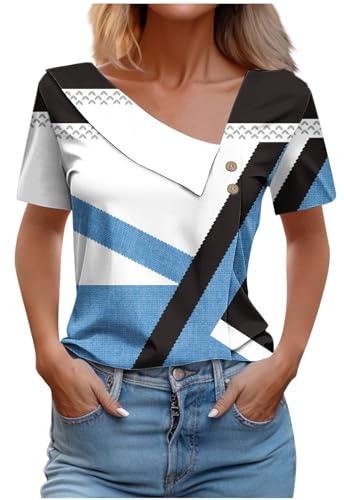 Keepink Womens Summer Dressy Blouses Elegant Skew Collar Short Sleeve Ladies Trendy Sexy Button Trim Tops Summer Casual Solid Color T Shirts Streetwear UK Clearance