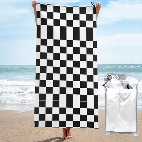 DRTGEDS Klassische Strandtücher in Schwarz und Weiß, kariert, übergroß, 81,3 x 132,2 cm, ultra-saugfähig und fusselarm, Pool-Handtücher für Erwachsene