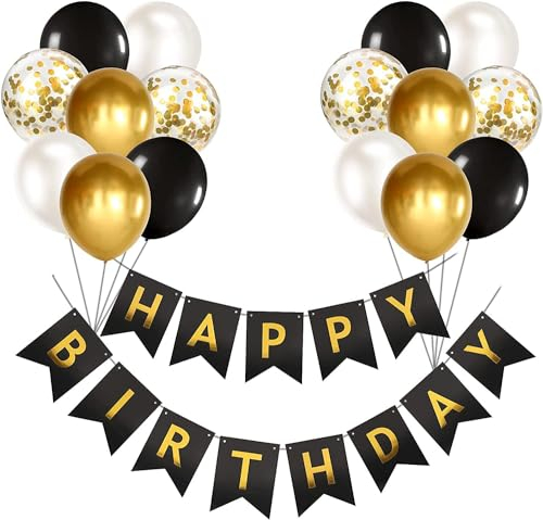 Luftballons Geburtstag Dekoration Set, Schwarz Gold Geburtstagsdeko Happy Birthday deco Banner Party Decor Geburtstag Set mit 16pcs Schwarz Gold Latex Luftballons Konfetti Ballons（Schwarz&Gold）