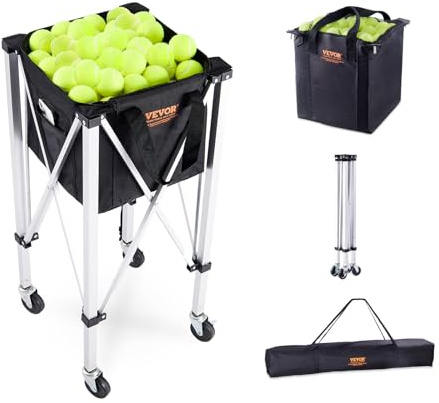 VEVOR Faltbarer Ballhopper, fasst 180 Tennisbälle, Leichter Tennisballkorbwagen aus Aluminiumlegierung mit Rädern, abnehmbare Tasche, Tragetasche, tragbarer Sport-Lehrwagen für Tennisspieler