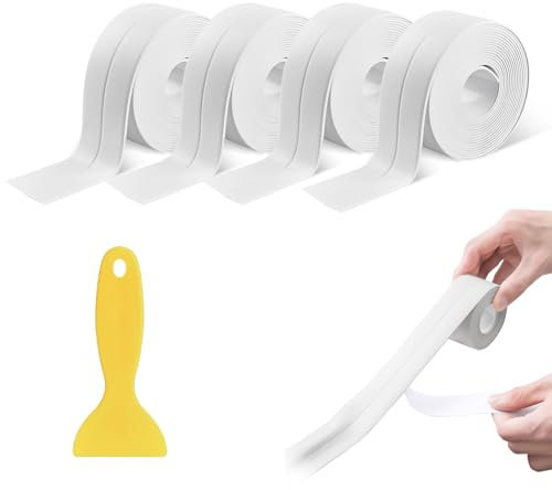 4 Rollos Cinta Selladora Baño, Cinta Impermeable Autoadhesiva Cinta Adhesiva Impermeable Resistente al Agua Cinta de Sellado Para Juntas con Raspador de Pvc para Cocina Baño (38mm X 3,2m)