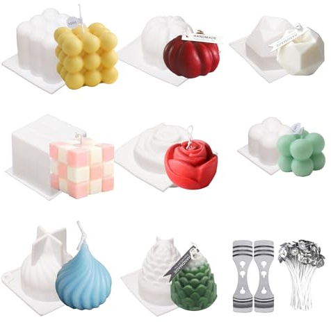 Keboyoe 8 Pcs Moldes de Silicona para Velas 3D Moldes de Velas Molde Silicona para Hacer Velas Kit para Hacer Vela con Moldes de Silicona con 50 Mechas y Portamechas Decoración del Hogar Manualidades