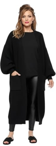 LUXFAB Women's Oversized Balloon Sleeve Long Chunky Ribbed Open Knitted Maxi Jumper, 2 Pocket Cardigan Boyfriend Sweater Top UK Sizes 8-22 (UK, Numeric, 12, 14, Regular, Regular, Black)