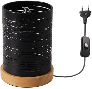 OuXean lampe de table noire, métal design creux écran de lampe et base en bois E14 40W lampe de bureau avec interrupteur câble, éclairage nocturne, sans ampoule