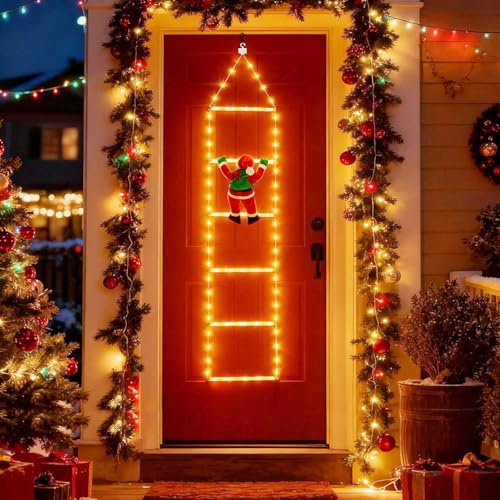 Fohil Luci Natalizie da Esterno, LED Luci per Scaletta con Babbo Natale, 8 Modalità Luci Natale Esterno, Decorazioni Natalizie per Esterno Interno Finestra, Addobbi Natalizi per Casa Giardino