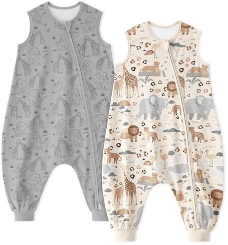 Unnivoll Saco de dormir para bebé con pies, 1,0 TOG valor 1,0, para verano, juego de 2, saco de dormir de algodón con tubos, suave, 90 cm, para niños y niñas, albaricoque y elefante gris