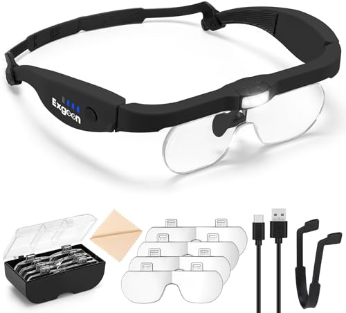 Exgoon Magnifying Glass with Light, 1.5X-5X Headband Magnifier for Hobbies | 4 Acrylic HD Lenses, Rechargeable LEDs with 2 Levels, 2 Wearing Ways, Hands Free Loupe for Close Work Model Making Jewellers