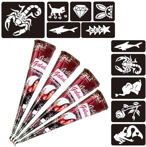 Naturic 4x Henna Tattoo, Temporäre Tattoo + 11x Henna Tattoo Schablone, Temporäre Mehndi Tattoos, Natürliche Kegel, Tattoo sticker, Temporäre Tätowierung - Rotbraun