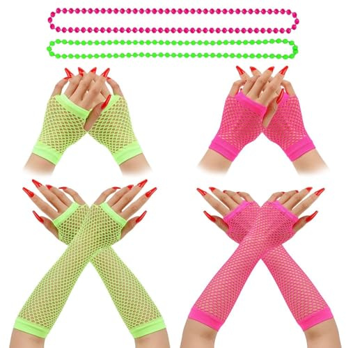 MXGHWG 4 Pairs Of Fishnet Fingerless Gloves, 2 Beaded Necklaces, 80S Prom Decoration Sleeves, Retro Party Necklaces, Role-Playing Accessories.