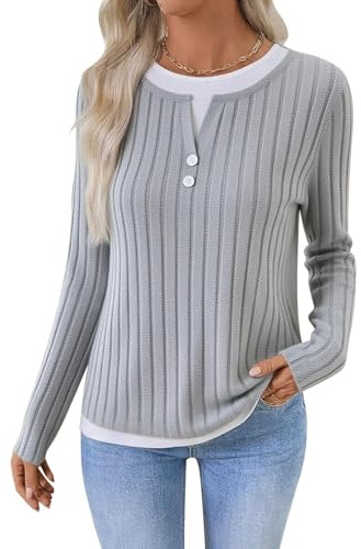 Awinclo Color Block Sweaters for Women Long Sleeve Shirts Crewneck Tops with Buttons Fall Fashion Outfits Winter Clothing 2025
